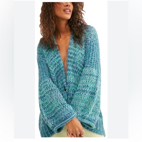 Free People Home Town Cardi Cardigan Sweater Arctic Turquoise Blue Alpaca Size S - Picture 7 of 14